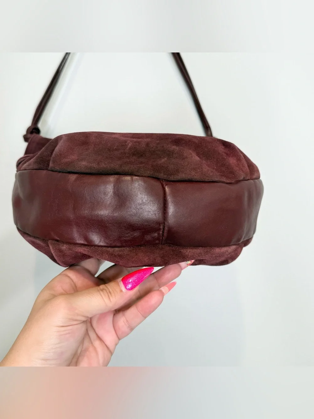 Vintage Bottega Veneta maroon suede and leather shoulder bag